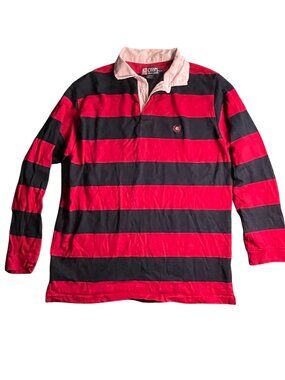 Ralph Lauren Chaps Rugby Shirt Red & Black Striped Long Sleeve Size Large